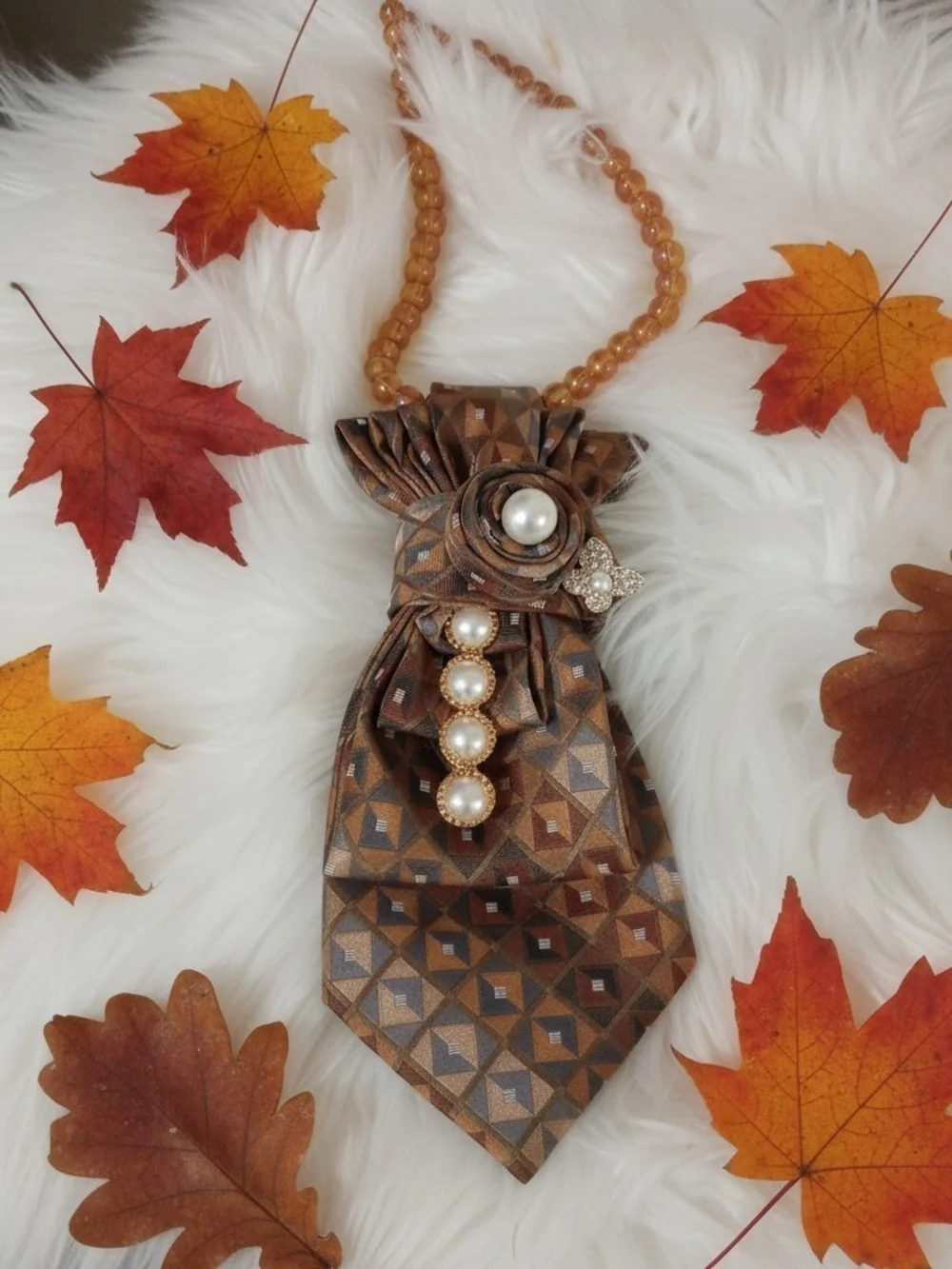 Women's Brown Geometric Statement Necklace Cravat with Pearl Accents